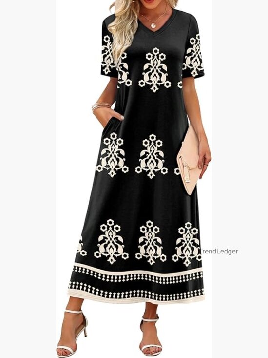Dresses & Skirts - V-Neck Maxi Dress Short Sleeve Flowy Summer Vacation Beach Travel